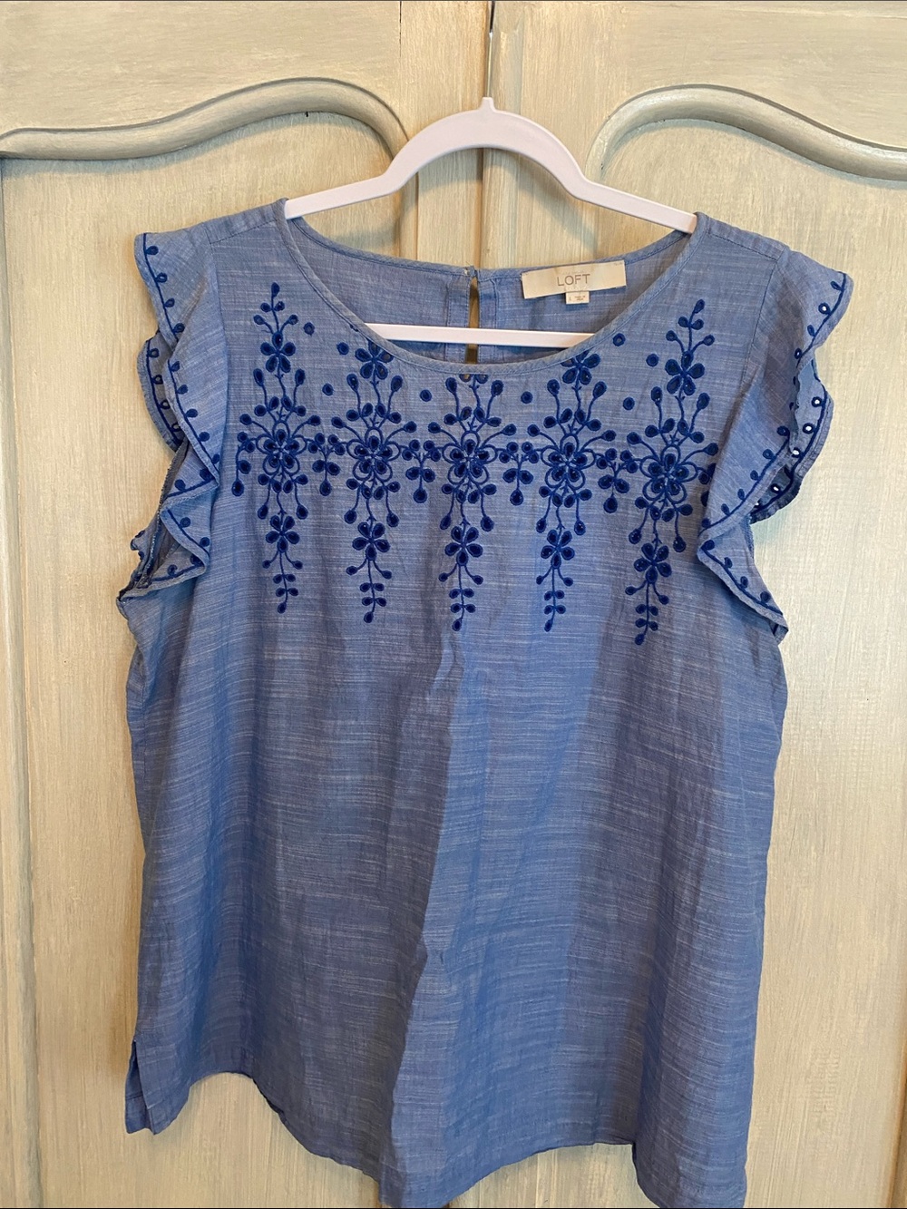 LOFT Light Blue Embroidered Flutter-Sleeve Camisole
